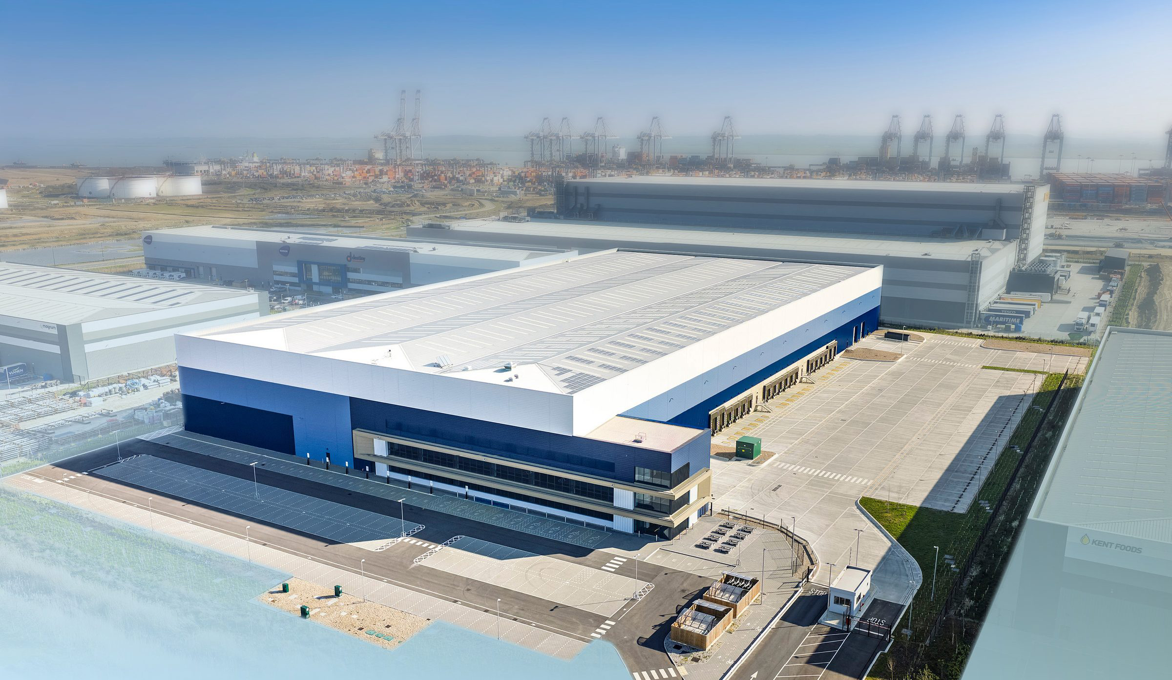 Aerial view of the LG200 unit at DP World London Gateway with the deep-sea port beyond