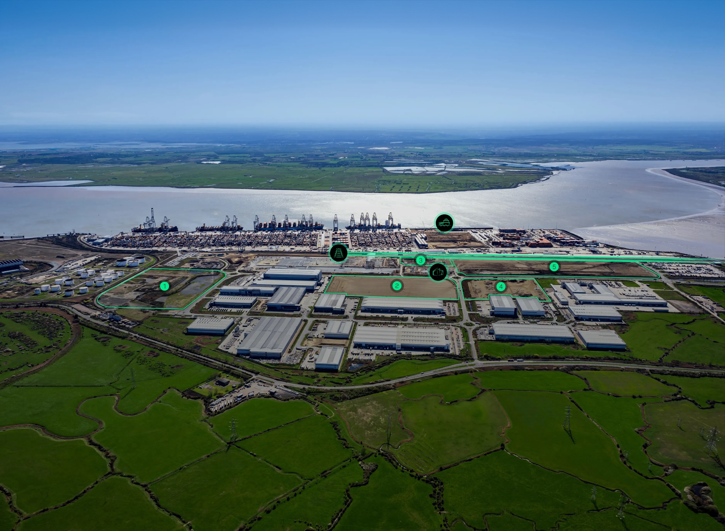 Aerial view of DP World London Gateway with the available development plots marked
