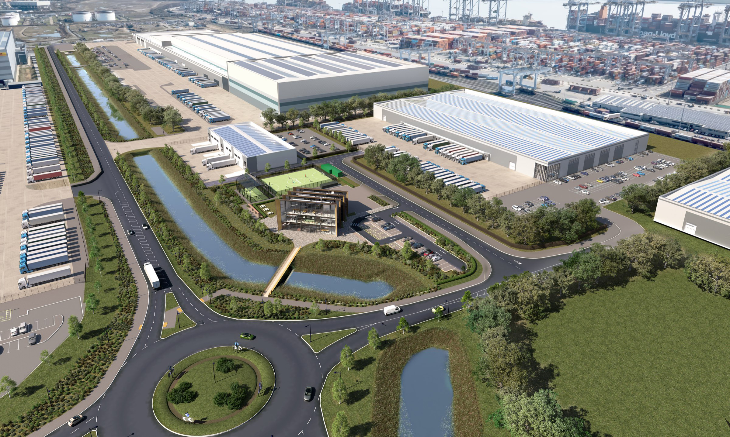 Aerial view of the landscaped London Gateway logistics park with the deep-sea port beyond
