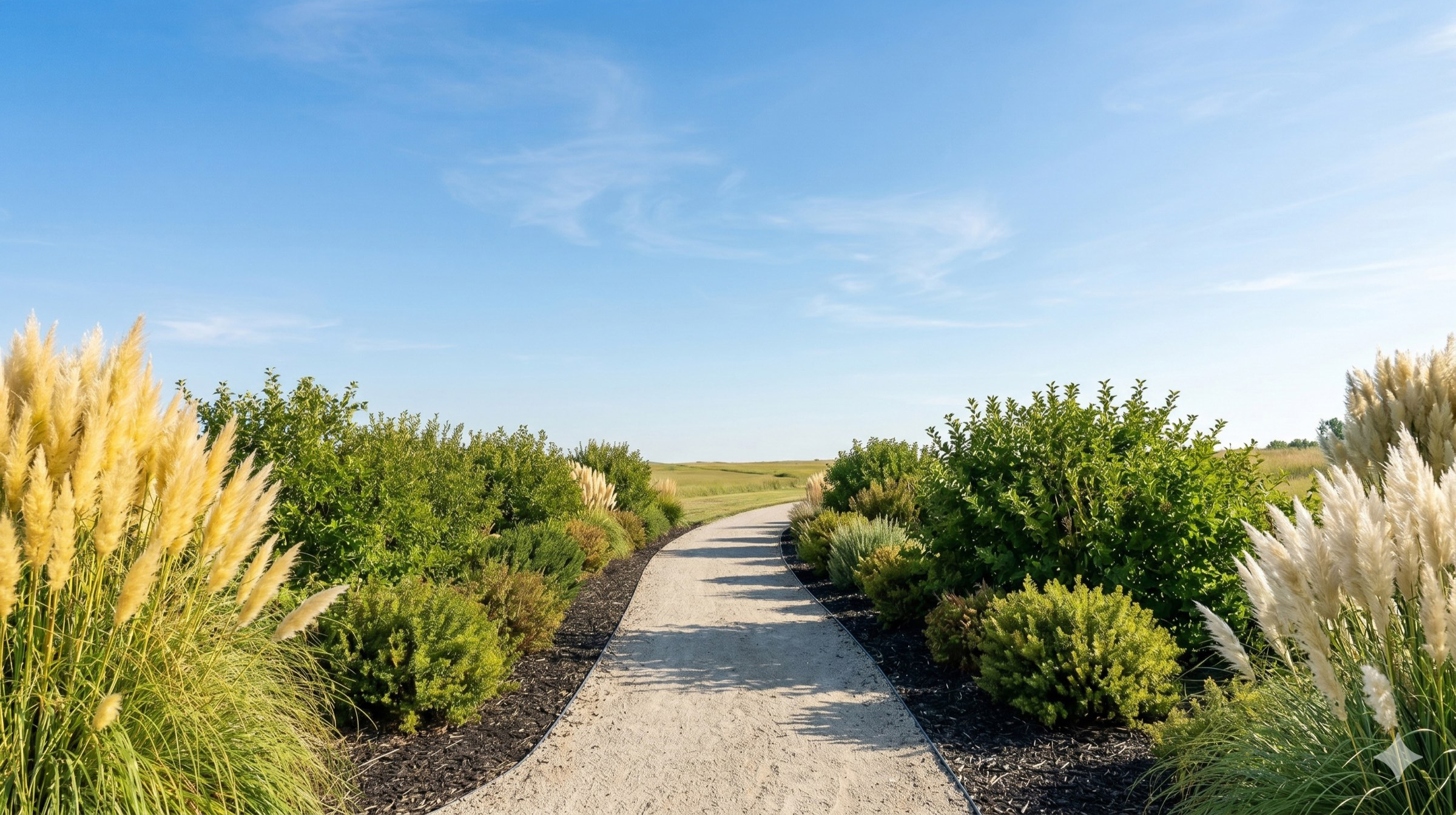 Landscaped planting either side of a path through the London Gateway estate