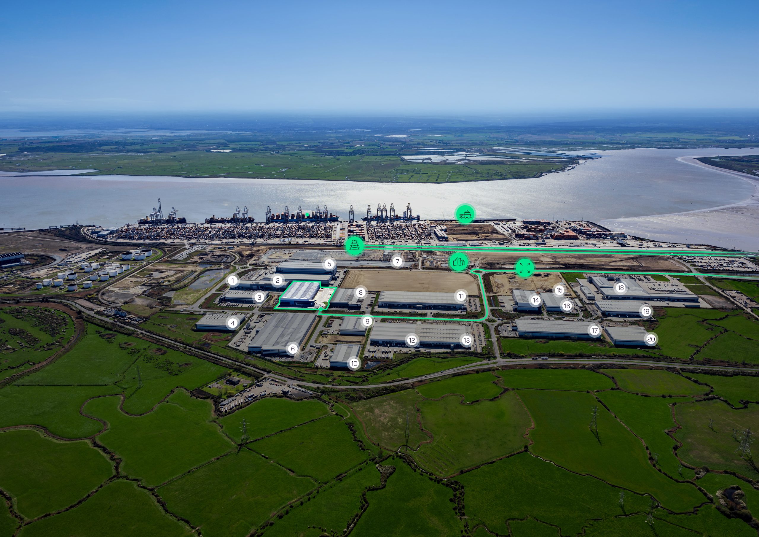 Aerial view of DP World London Gateway showing the deep-sea port, rail terminal and the numbered logistics park plots