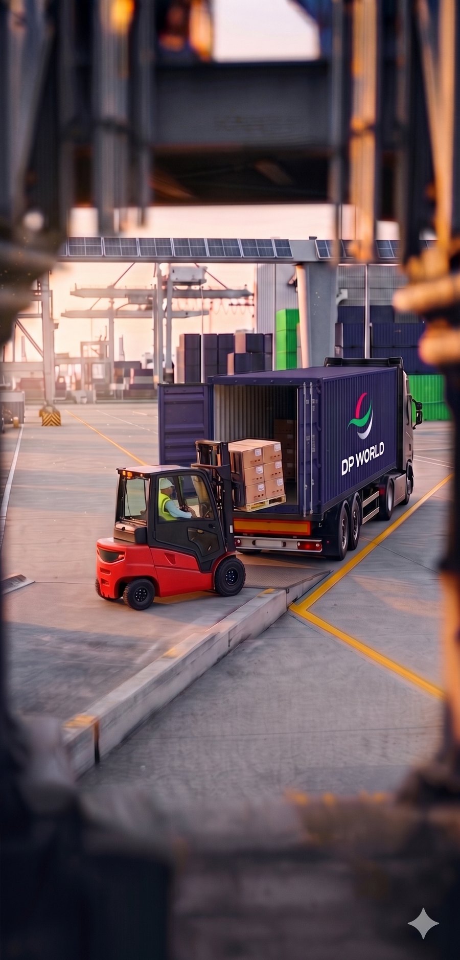 Forklift loading a DP World container