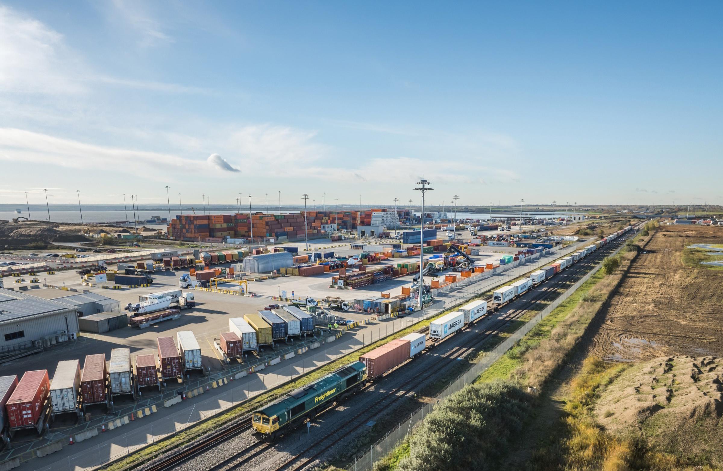 Aerial view of the rail terminal at DP World London Gateway
