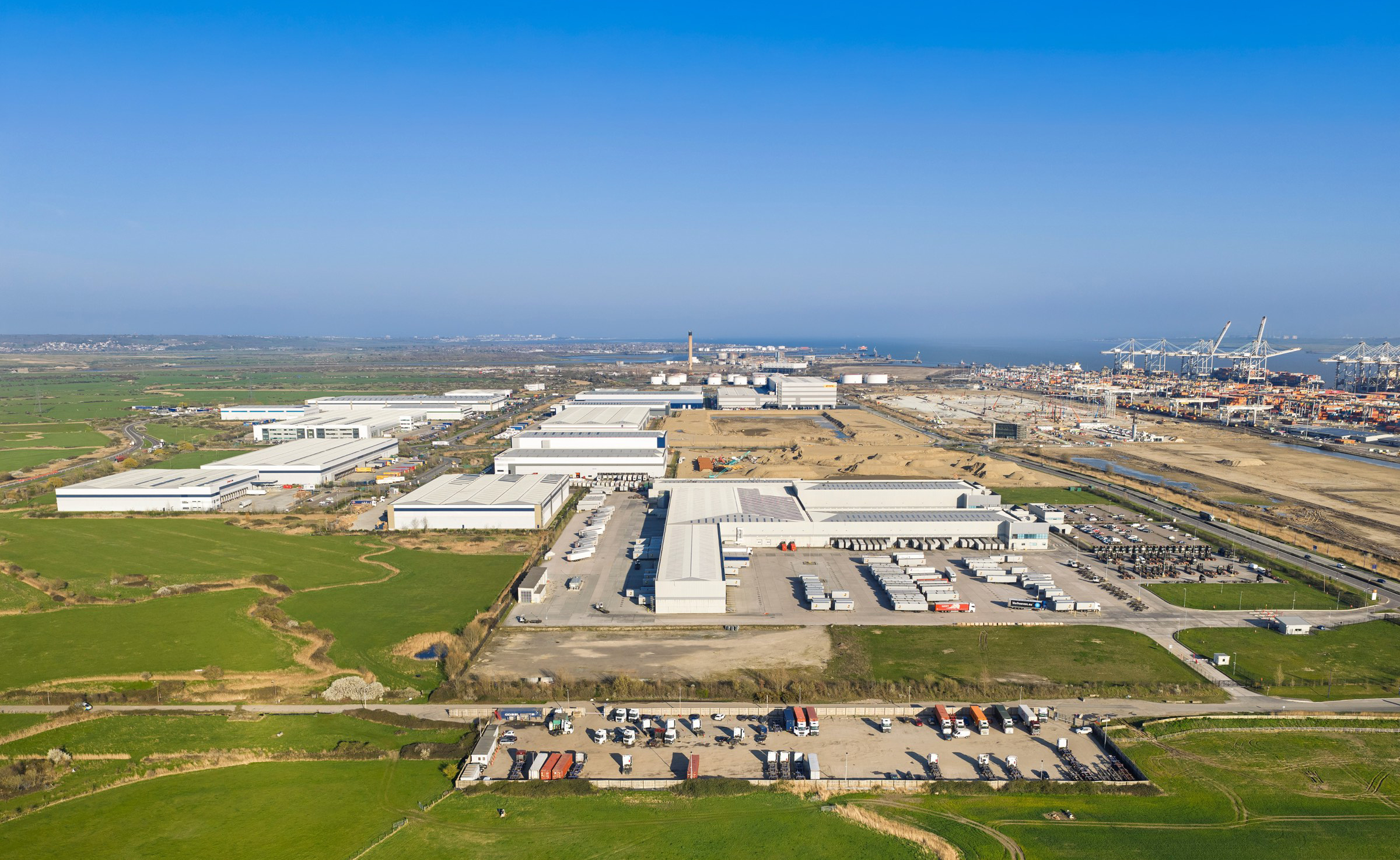Aerial view across DP World London Gateway toward the deep-sea port